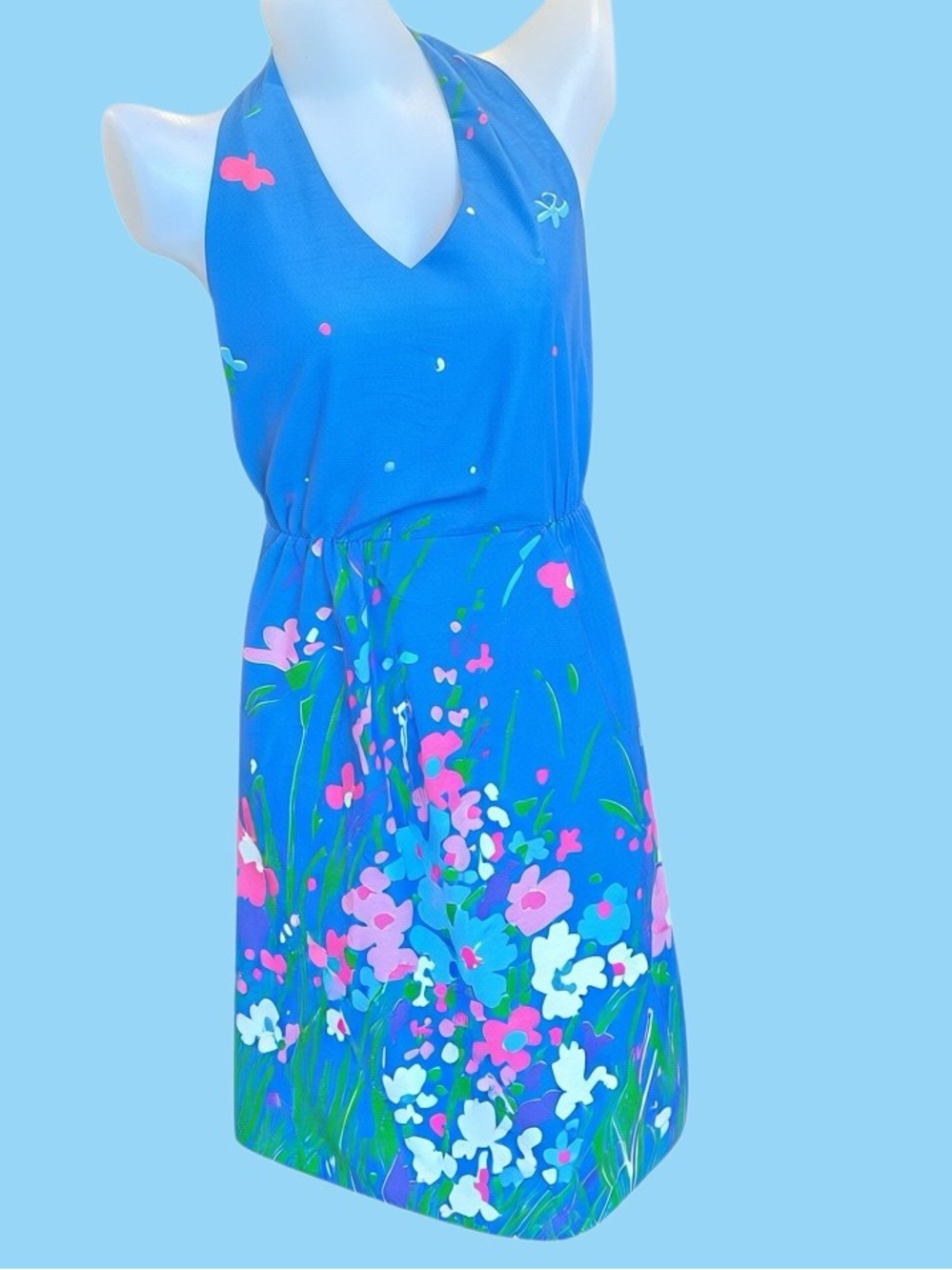 Authentic Vintage 70s Dash-About Halter Neck Midi Dress Blue Neon Border Print